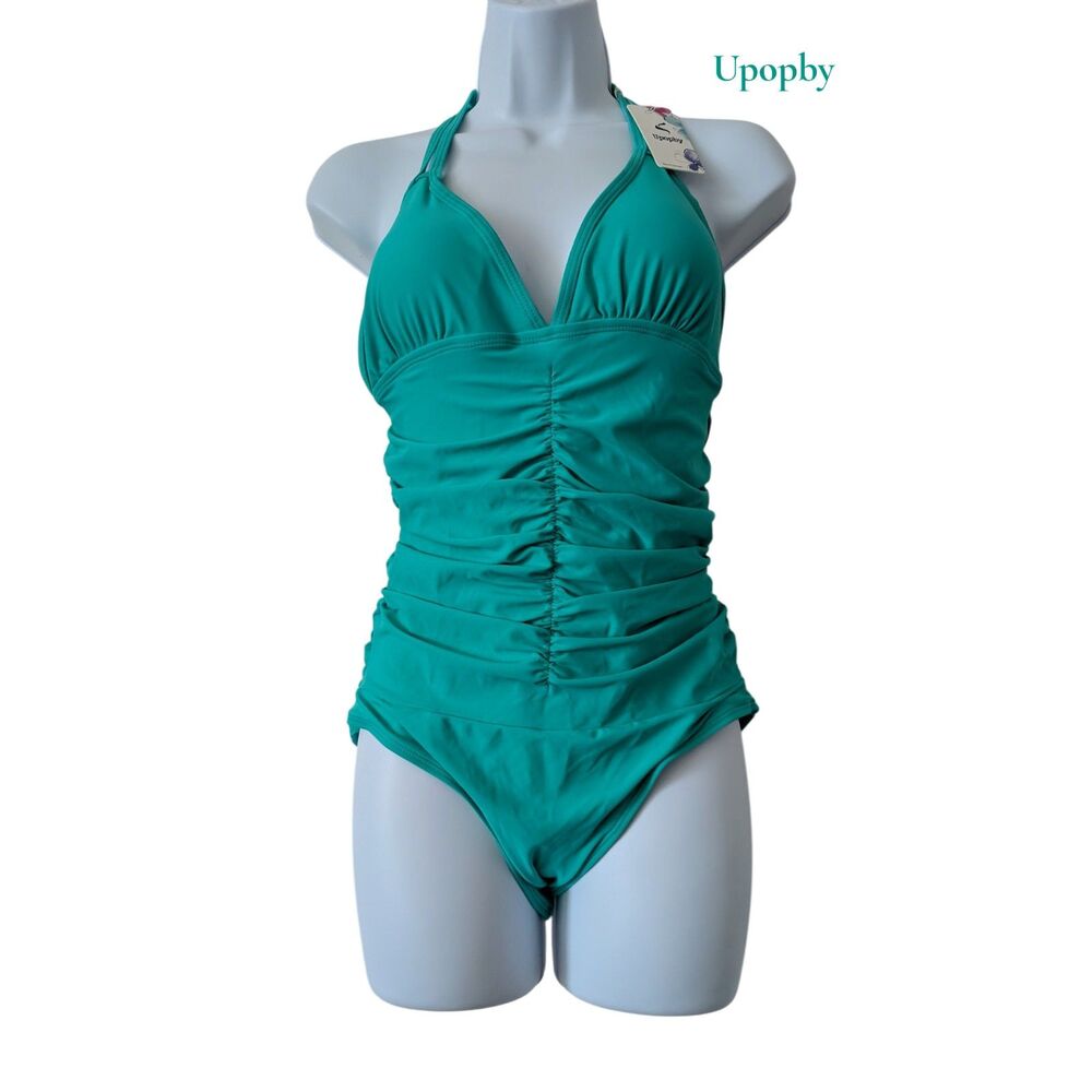 NWT Upopby One Piece Swimsuit Size 8 Teal Ruched Halter Tummy Control